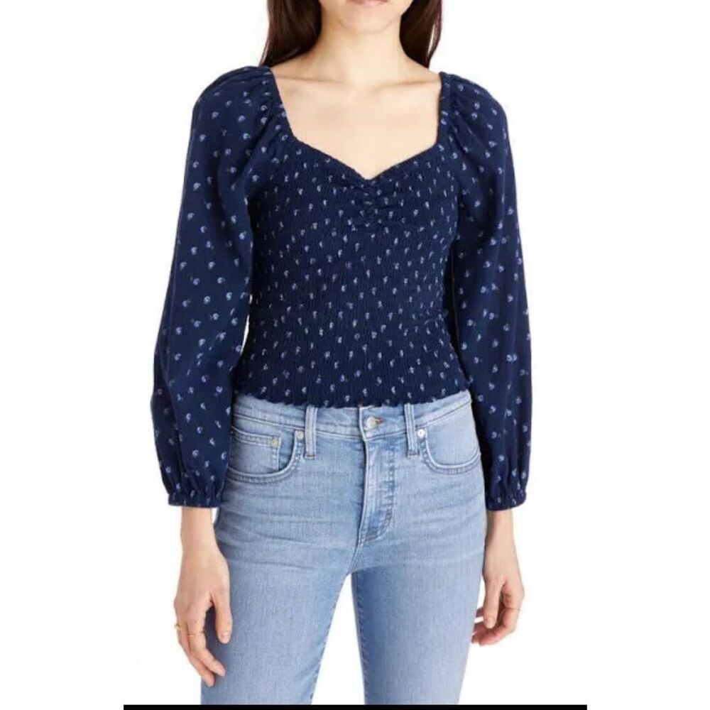 MADEWELL Women’s Classic Indigo Lucille Balloon Sleeve Smocked Top Size Large